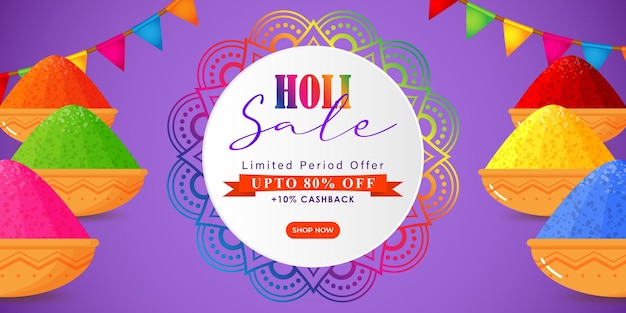 Ilustración vectorial de la plantilla de banner Happy Holi Sale para la aplicación y el sitio web