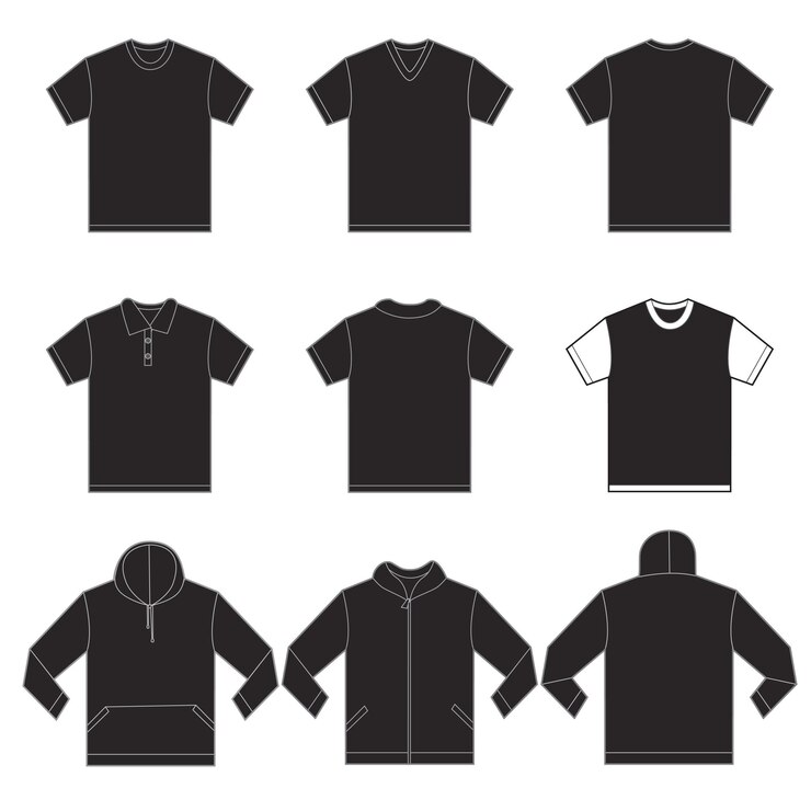 Vector ilustración vectorial de la plantilla de camisas negras en muchas variaciones de diseño delantero y trasero