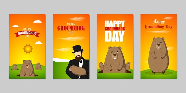 Ilustración vectorial de la plantilla del conjunto de fuentes de redes sociales de Happy Groundhog Day