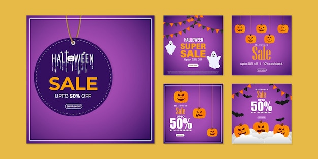 Vector ilustración vectorial de la plantilla del conjunto de fuentes de redes sociales de happy halloween sale