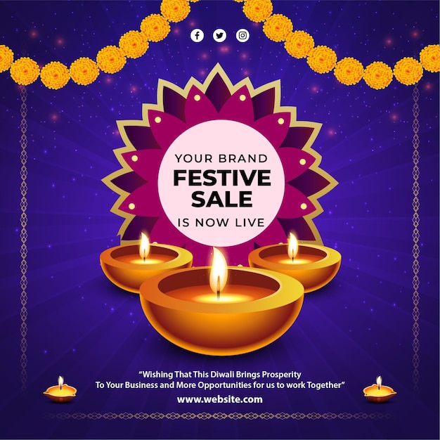 Ilustración vectorial de la plantilla de feed de redes sociales Happy Diwali