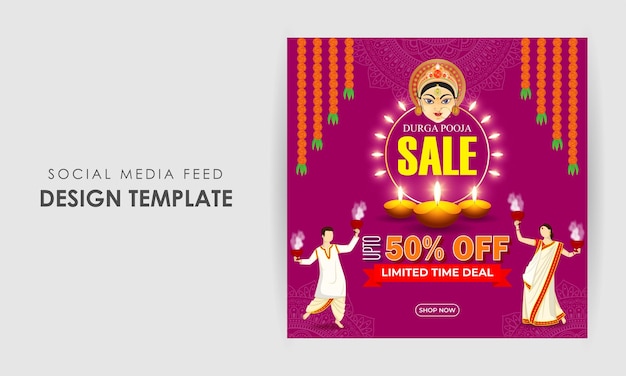 Ilustración vectorial de la plantilla de feed de redes sociales Happy Durga Puja Sale