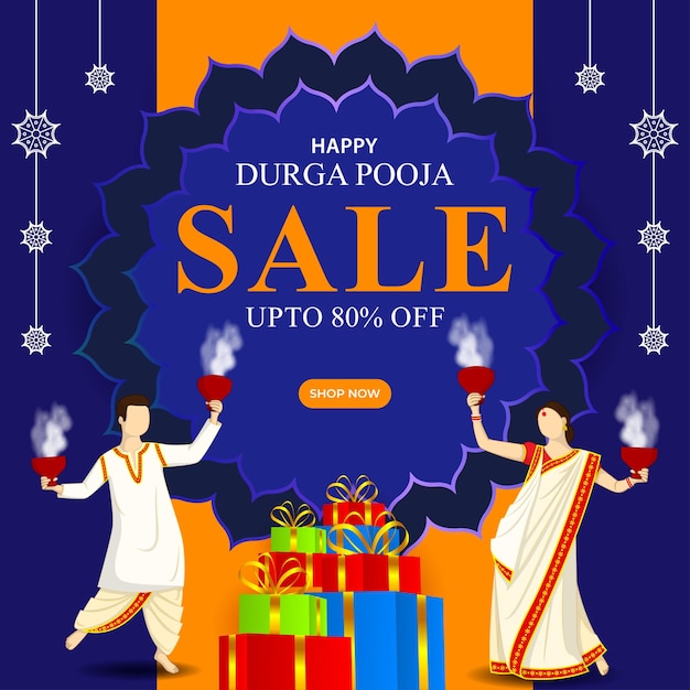 Ilustración vectorial de la plantilla de feed de redes sociales Happy Durga Puja Sale