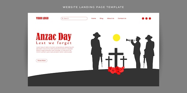 Ilustración vectorial de la plantilla de maqueta de banner de página de inicio del sitio web del Día de Anzac