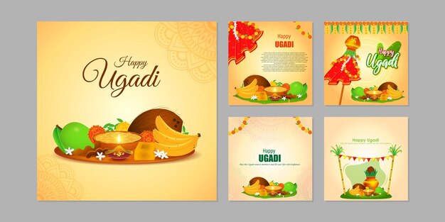 Ilustración vectorial de la plantilla de maqueta del conjunto de noticias de redes sociales happy ugadi