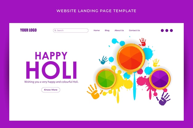 Ilustración vectorial de la plantilla de maqueta de la página de inicio del sitio web de Happy Holi
