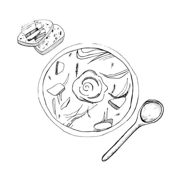 Ilustración vectorial de un plato con grasa de borscht y pan una cuchara de sopa Todos los objetos están dibujados en vector en negro Apto para imprimir en papel menús recetas