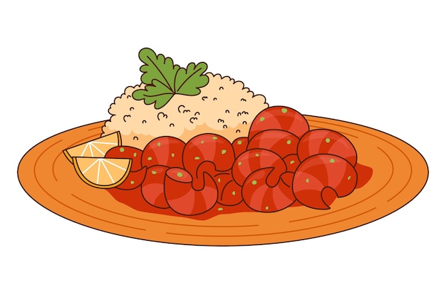Vector ilustración vectorial del plato mexicano camarones a la diabla camarón picante con arroz