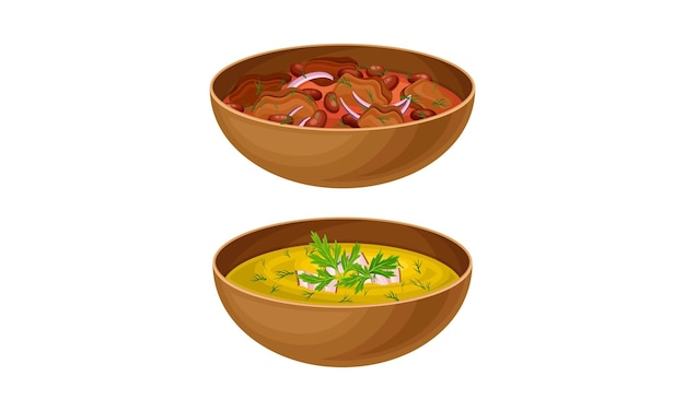 Ilustración vectorial de platos guisados sabrosos servidos en cuencos