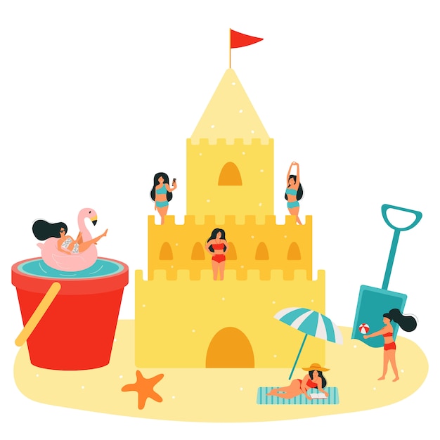 Ilustración vectorial de playa castillo de arena y gente pequeña. las mujeres se relajan, toman el sol, juegan a la pelota, nadan en una piscina en un balde. la niña es fotografiada. vacaciones de verano.