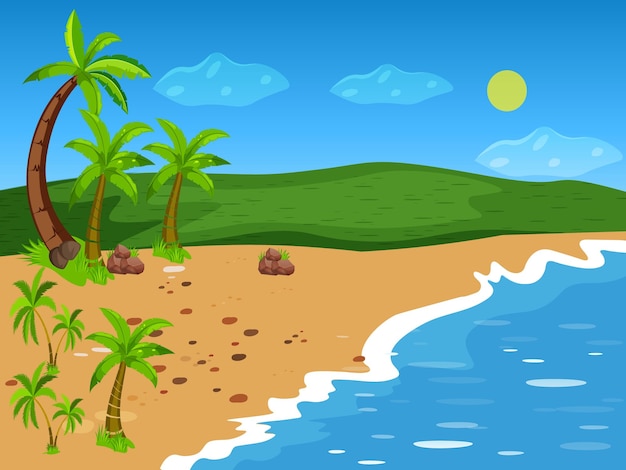 Ilustración vectorial de playa de mar con palmeras y cielo azul