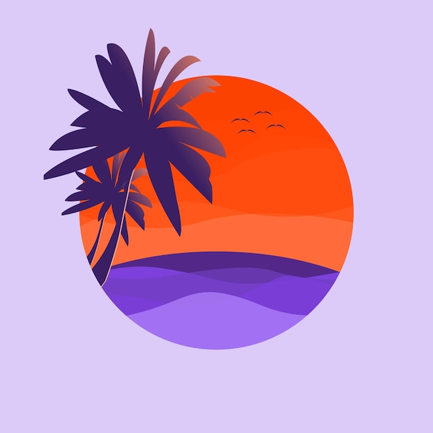 Ilustración vectorial de la playa tropical del atardecer
