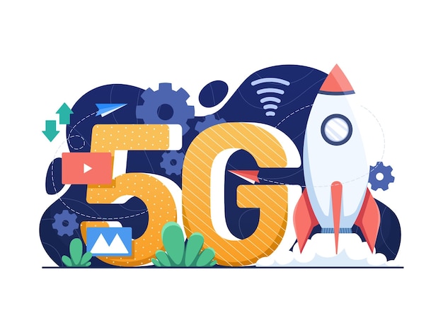 Vector ilustración vectorial el poder de la tecnología 5g que proporciona internet rápido y confiable