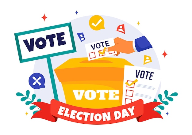 Ilustración vectorial política del día de las elecciones con votantes emitiendo boletas en una estación de votación con representación global en un fondo plano