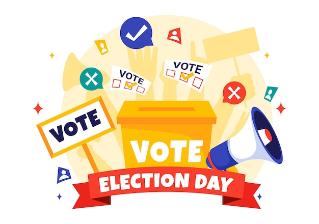 Ilustración vectorial política del día de las elecciones con votantes emitiendo boletas en una estación de votación con representación global en un fondo plano