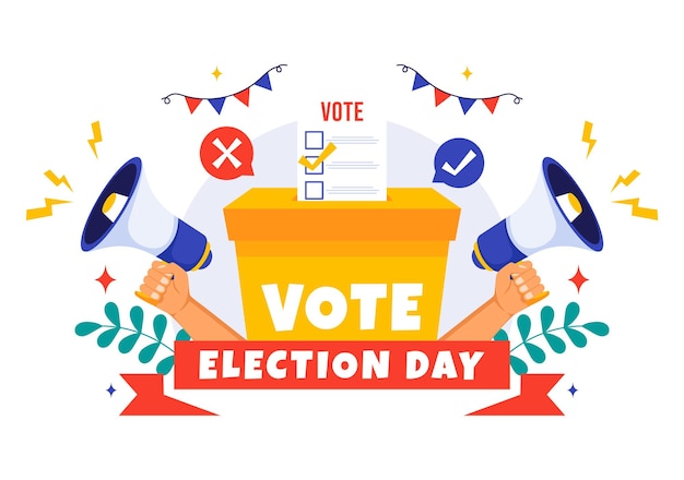 Ilustración vectorial política del día de las elecciones con votantes emitiendo boletas en una estación de votación con representación global en un fondo plano