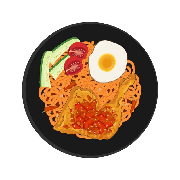 Ilustración vectorial pollo triturado o ayam geprek con fideos