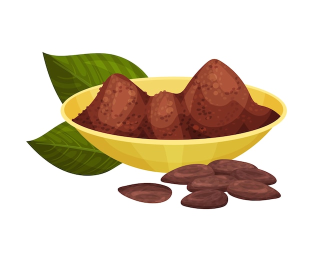 Vector ilustración vectorial de polvo de granos de cacao vertido en un cuenco