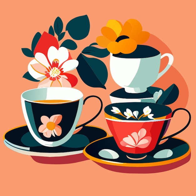Ilustración vectorial de porcelana de un set de café