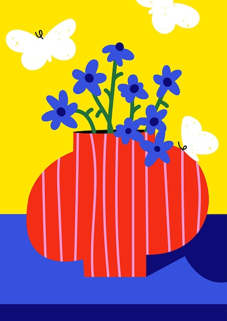 Vector ilustración vectorial póster botánico con diferentes flores azules oscuras y mariposas blancas arte para postales arte de pared fondo de pancarta decoraciones interiores modernas ingenuas groovy funky