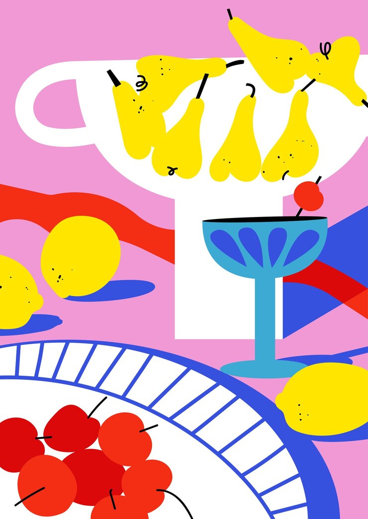 Ilustración vectorial póster botánico con jarrón de peras y plato de cerezas frutas Arte para postales arte de pared fondo de pancarta decoraciones interiores modernas ingenuas groovy funky