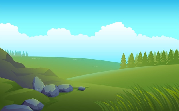 Ilustración vectorial de una pradera tranquila. Un paisaje tranquilo abrazado por la belleza de la naturaleza, ideal para agregar serenidad y frescura a sus proyectos creativos.