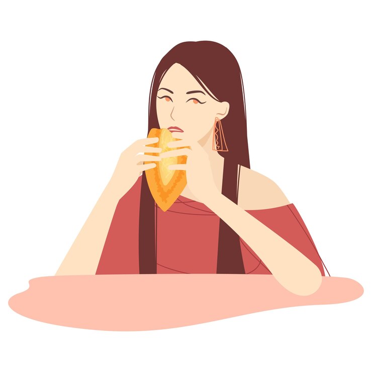 Vector la ilustración vectorial presenta a la persona felizmente comiendo comida en estilo plano y garabato sobre fondo blanco