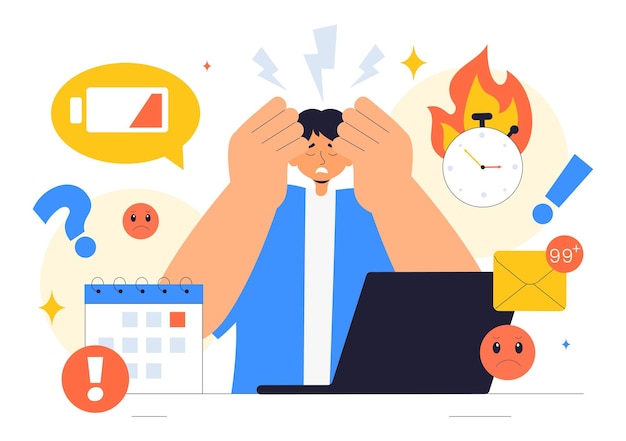 Ilustración vectorial de prevención del agotamiento que destaca el agotamiento emocional Los conceptos de salud laboral y seguridad en el lugar de trabajo en un entorno de trabajo plano