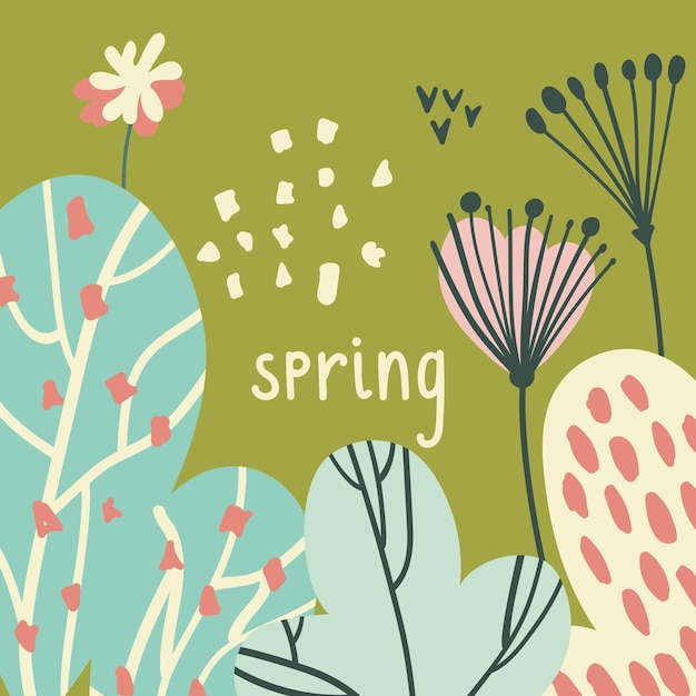 Ilustración vectorial de primavera con hojas y flores estilizadas con estilo