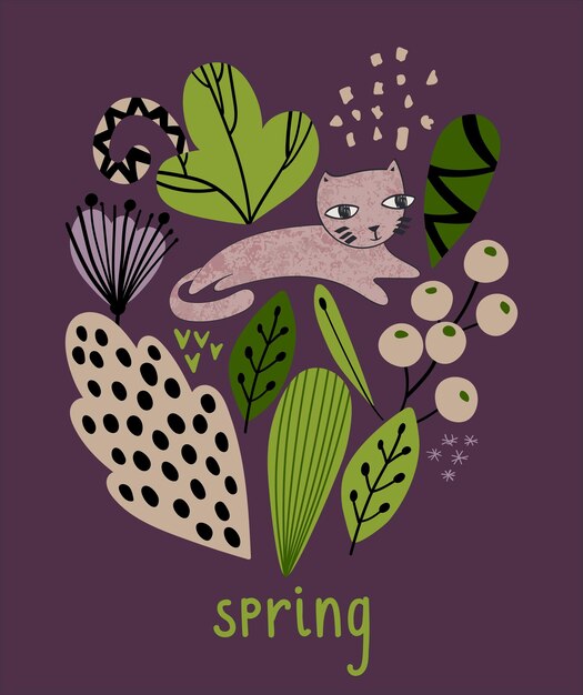 Ilustración vectorial de primavera con hojas y flores estilizadas con estilo