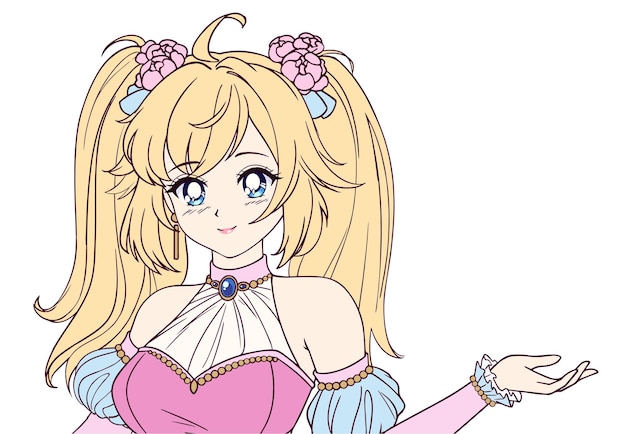 Vector ilustración vectorial de la princesa de anime con el pelo rubio de pie y con un vestido de bola rosa imagen de contorno para el libro de colorear