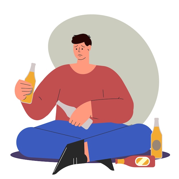 Ilustración vectorial del problema del alcoholismo hombre con problema de abuso de sustancias hombre alcohólico personajes planos