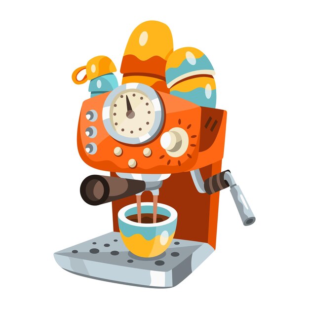 Ilustración vectorial del proceso de elaboración de café con máquina de espresso eléctrica