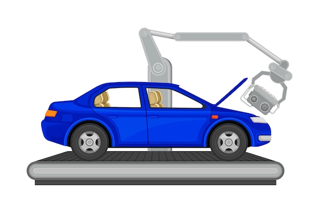 Vector ilustración vectorial del proceso de producción de automóviles con un brazo robótico que ensambla la carrocería