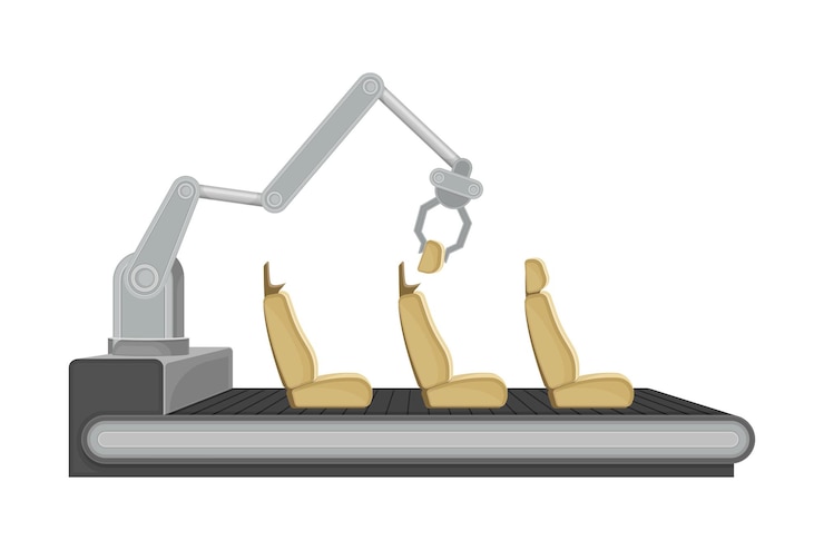 Vector ilustración vectorial del proceso de producción de automóviles con un brazo robótico que ensambla la carrocería