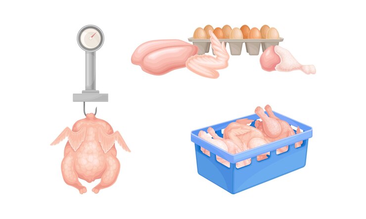 Vector ilustración vectorial de la producción de huevos y carne en fábricas de aves de corral