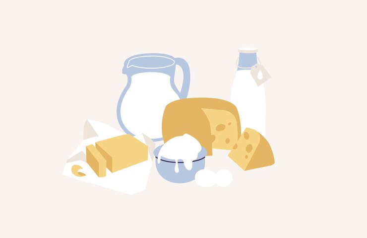 Ilustración vectorial de productos lácteos leche queso cuajada mantequilla huevo y crema agria