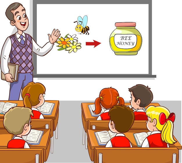 Ilustración vectorial de profesores y estudiantes enseñando en el aula enseñanza de las abejas a hacer miel