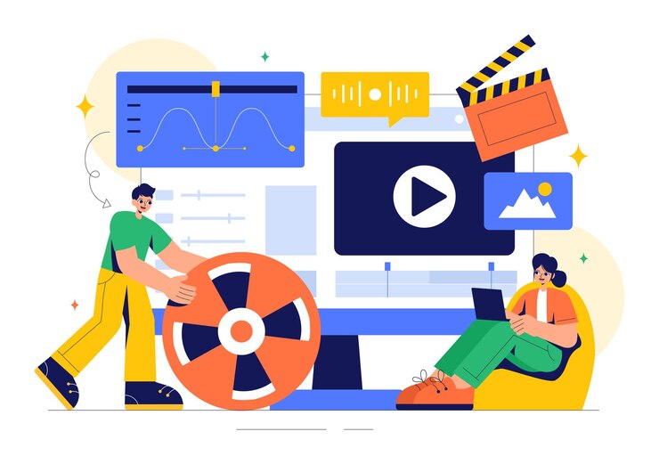 Vector ilustración vectorial de un programa de editor de video con software de edición de video para crear películas de animación o clips en un fondo de estilo plano