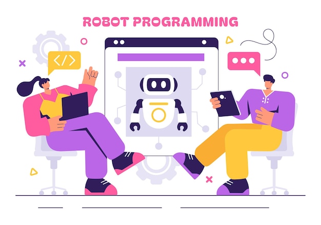 Ilustración vectorial de programación de robots con un robot de inteligencia artificial que interactúa con una interfaz de datos digitales para tecnología avanzada