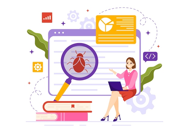 Ilustración vectorial de prueba de software con programación de aplicaciones y codificación en plantillas dibujadas a mano