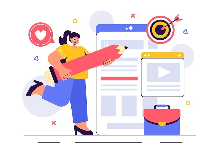 Vector ilustración vectorial de publicación digital con escritura de marketing de contenido de blog para redes sociales y organización de páginas web en un fondo de estilo plano