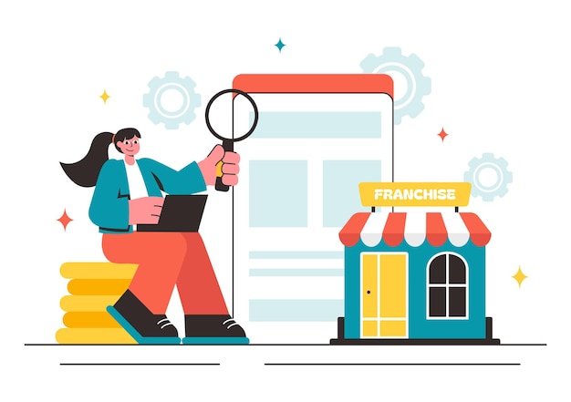 Ilustración vectorial de publicidad de franquicia con estrategias comerciales y financieras para promover una franquicia exitosa en un fondo plano