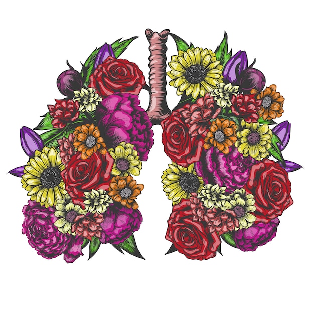 Vector ilustración vectorial de pulmones dibujados a mano a partir de flores día sin tabaco salud de los pulmones y día mundial del asma