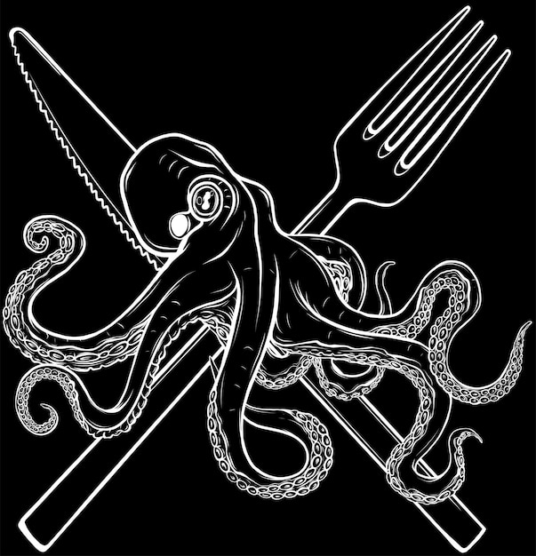 Vector ilustración vectorial de un pulpo con cubiertos para un símbolo o logotipo de icono de restaurante