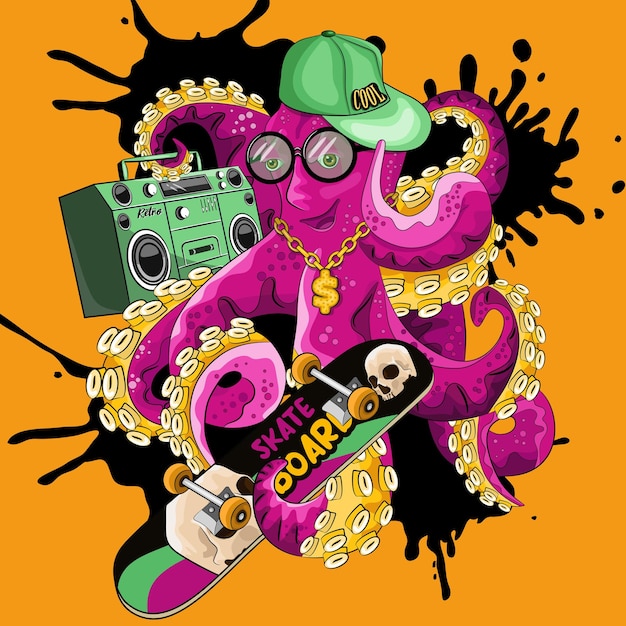Ilustración vectorial de pulpo lindo Hipster de dibujos animados y camiseta de animal genial