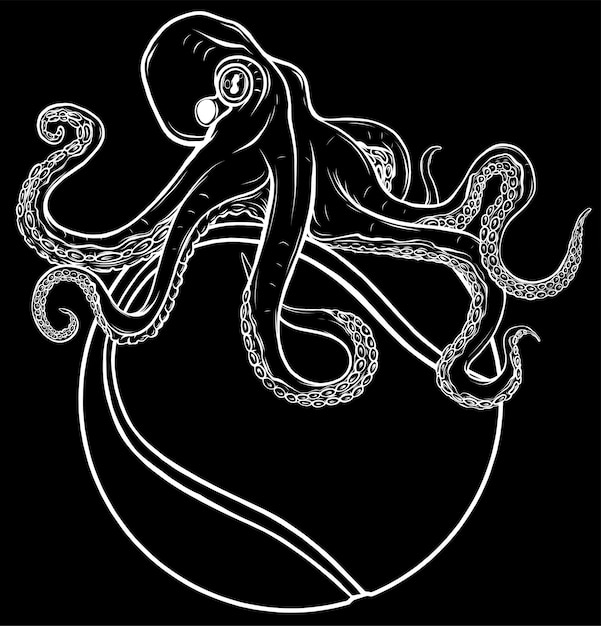 Ilustración vectorial de pulpo en una pelota de tenis en un fondo negro dibujo digital de mano