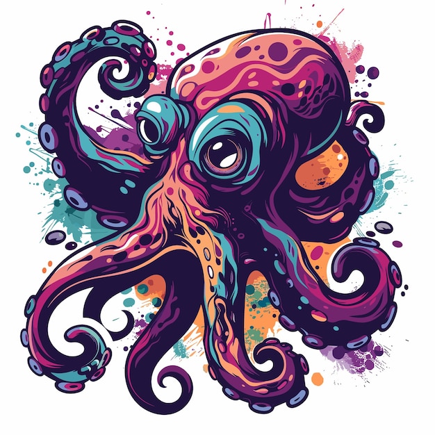 Vector ilustración vectorial de pulpo con salpicaduras de grunge en fondo blanco