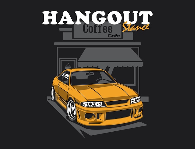 ilustración vectorial que muestra un auto retro de los años 90 con un gráfico de diseño de fondo de cafetería para camisetas impresas