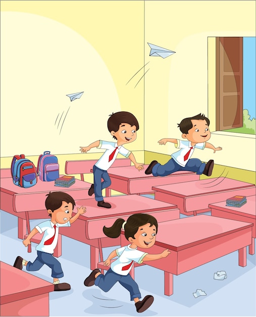 Ilustración vectorial que muestra a estudiantes traviesos saltando y corriendo en el aula